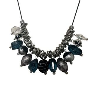 Chicos Cluster Statement Necklace Blue Black Silver Beads Dangle Cluster Fashion